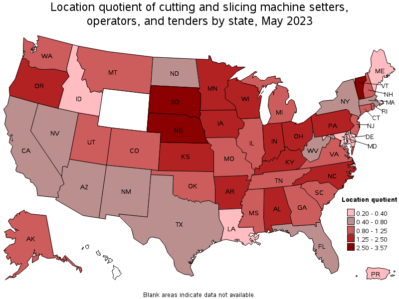 Map of location quotient of cutting and slicing machine setters, operators, and tenders by state, May 2023