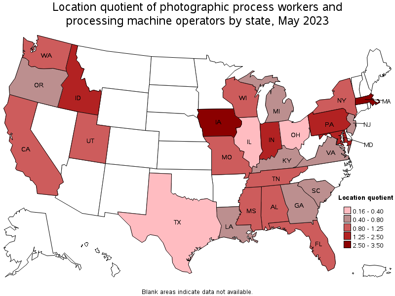 Map of location quotient of photographic process workers and processing machine operators by state, May 2023