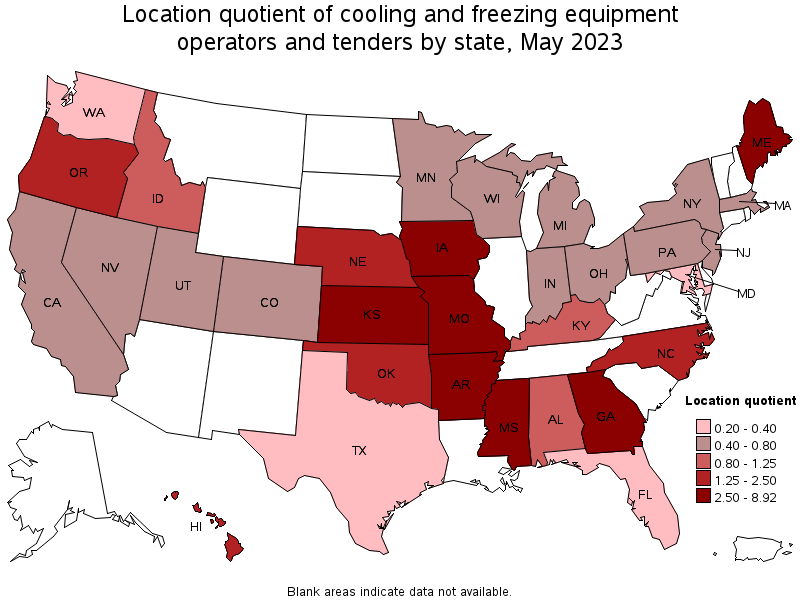 Map of location quotient of cooling and freezing equipment operators and tenders by state, May 2023