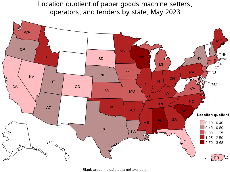 Map of location quotient of paper goods machine setters, operators, and tenders by state, May 2023