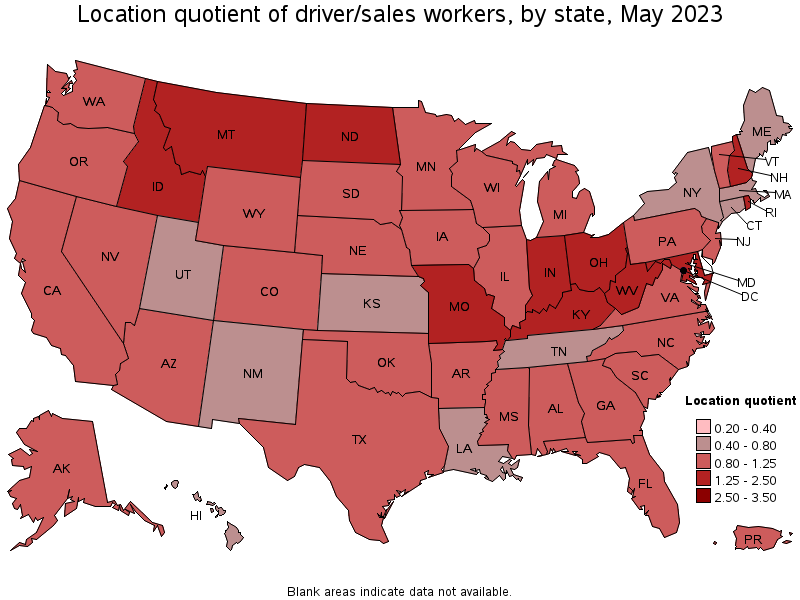Map of location quotient of driver/sales workers by state, May 2023