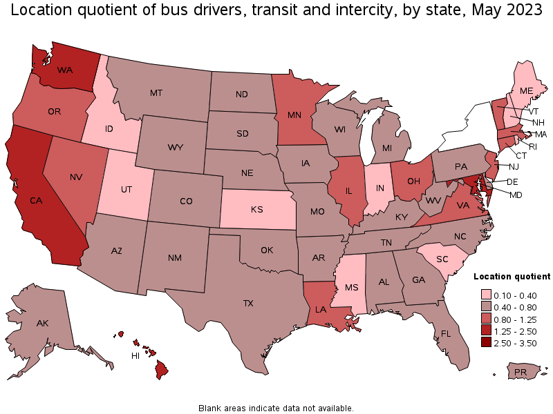 Map of location quotient of bus drivers, transit and intercity by state, May 2023