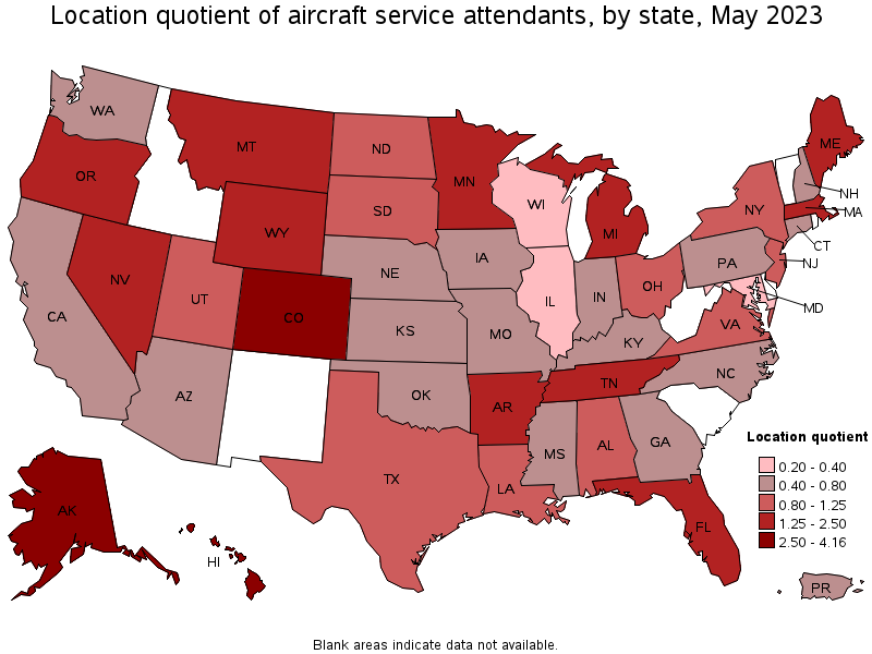 Map of location quotient of aircraft service attendants by state, May 2023