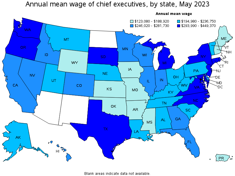 Map of annual mean wages of chief executives by state, May 2023