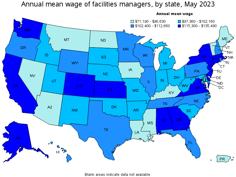 Map of annual mean wages of facilities managers by state, May 2023