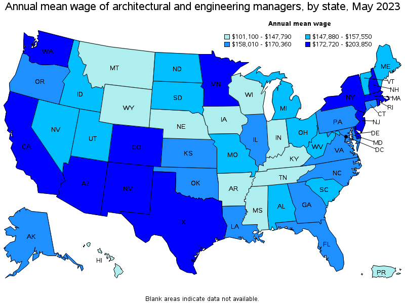 Map of annual mean wages of architectural and engineering managers by state, May 2023