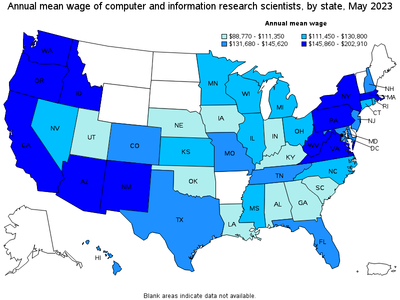 Map of annual mean wages of computer and information research scientists by state, May 2023