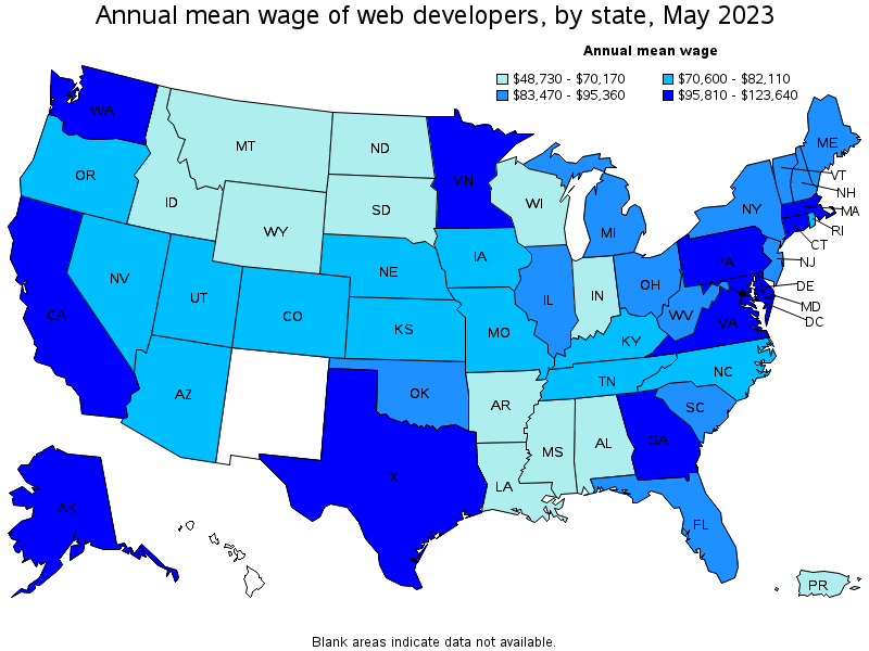 Map of annual mean wages of web developers by state, May 2023
