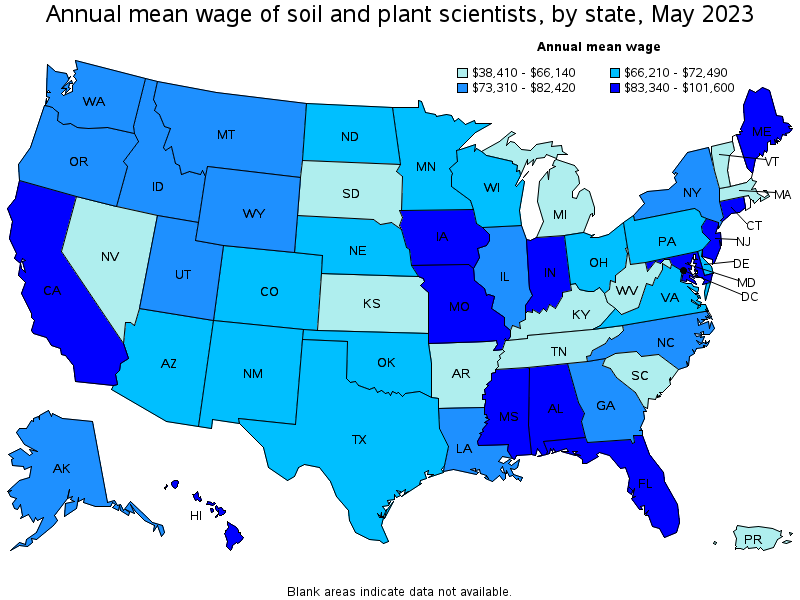 Map of annual mean wages of soil and plant scientists by state, May 2023