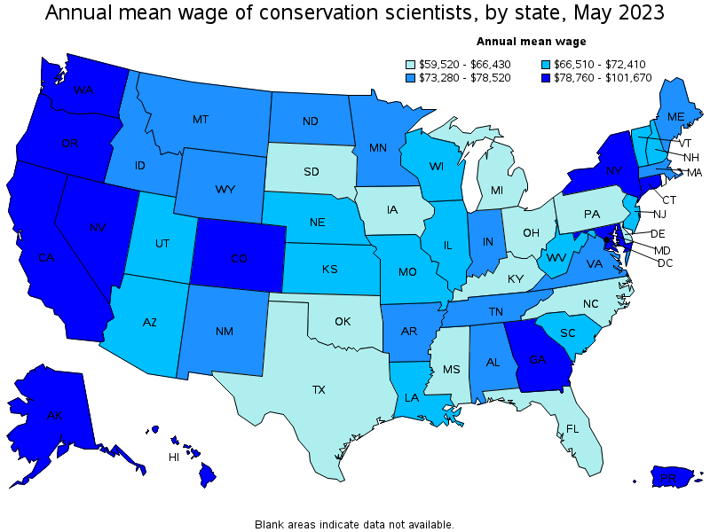 Map of annual mean wages of conservation scientists by state, May 2023