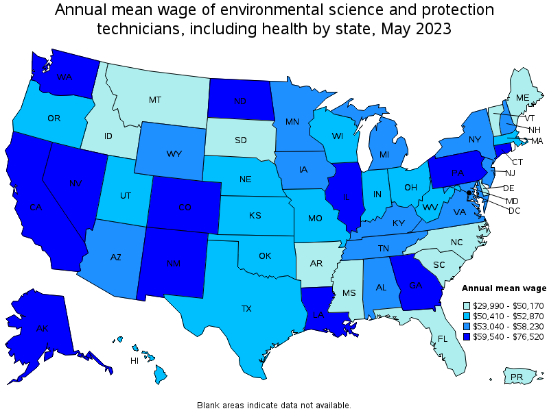 Map of annual mean wages of environmental science and protection technicians, including health by state, May 2023