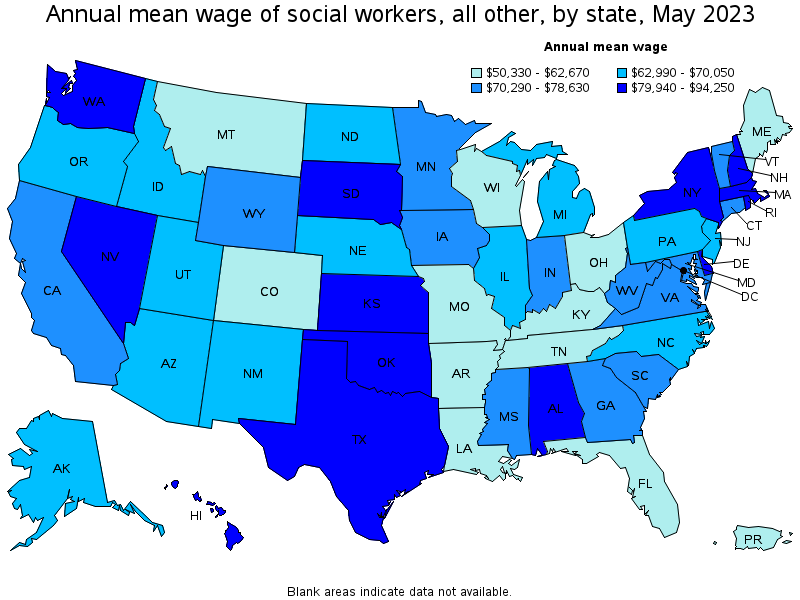 Map of annual mean wages of social workers, all other by state, May 2023