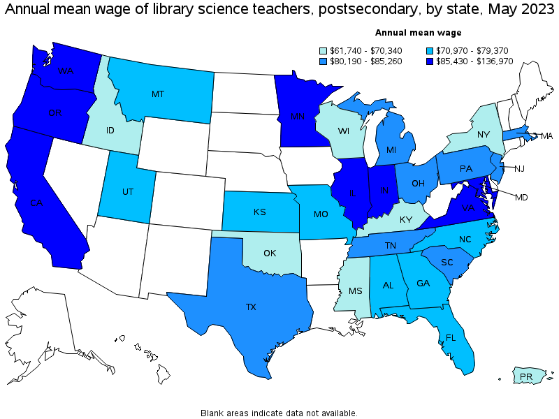 Map of annual mean wages of library science teachers, postsecondary by state, May 2023
