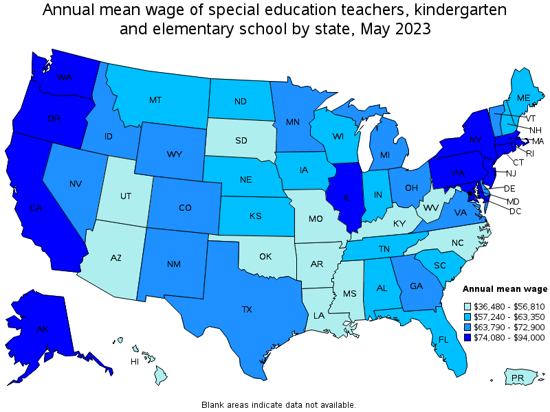 Map of annual mean wages of special education teachers, kindergarten and elementary school by state, May 2023