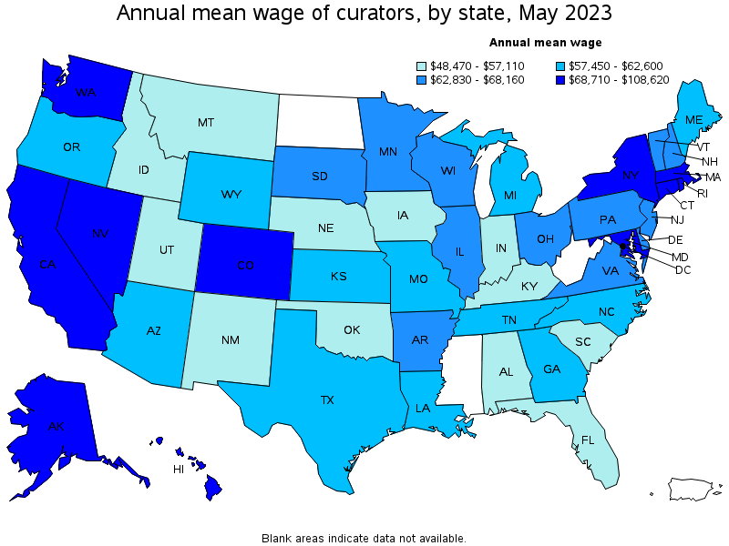 Map of annual mean wages of curators by state, May 2023