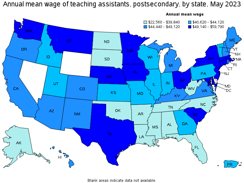 Map of annual mean wages of teaching assistants, postsecondary by state, May 2023