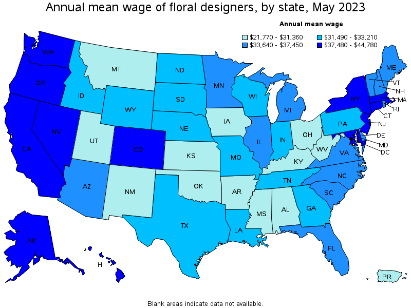 Map of annual mean wages of floral designers by state, May 2023