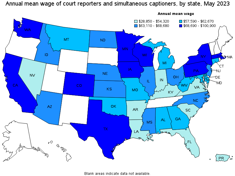 Map of annual mean wages of court reporters and simultaneous captioners by state, May 2023