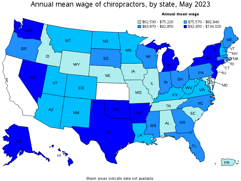 Map of annual mean wages of chiropractors by state, May 2023