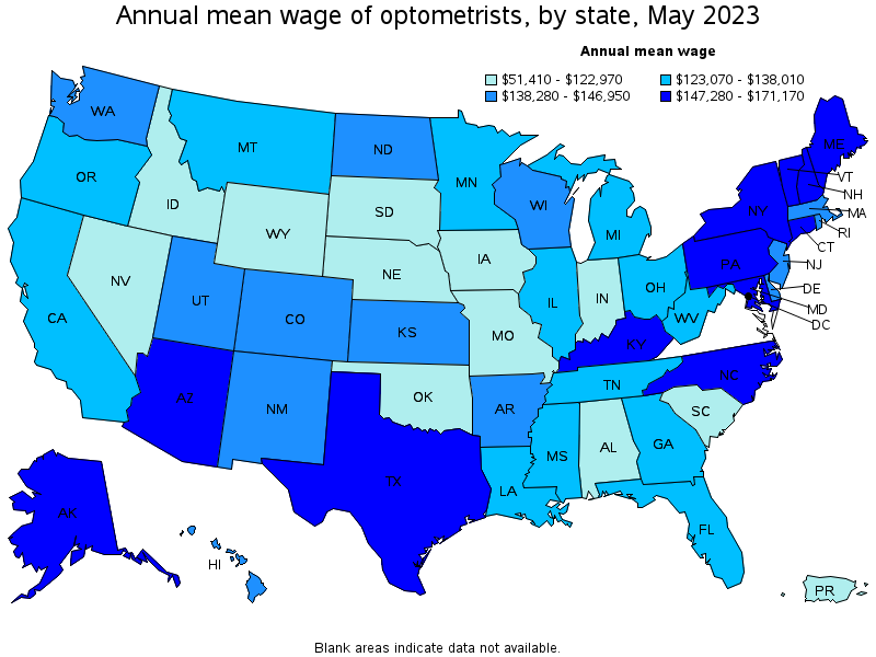 Map of annual mean wages of optometrists by state, May 2023