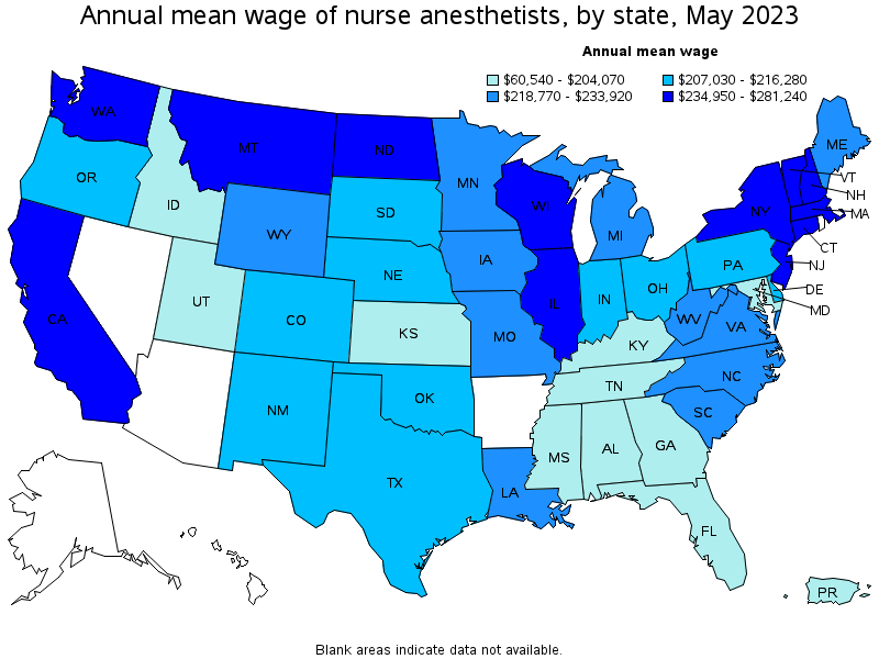 Map of annual mean wages of nurse anesthetists by state, May 2023
