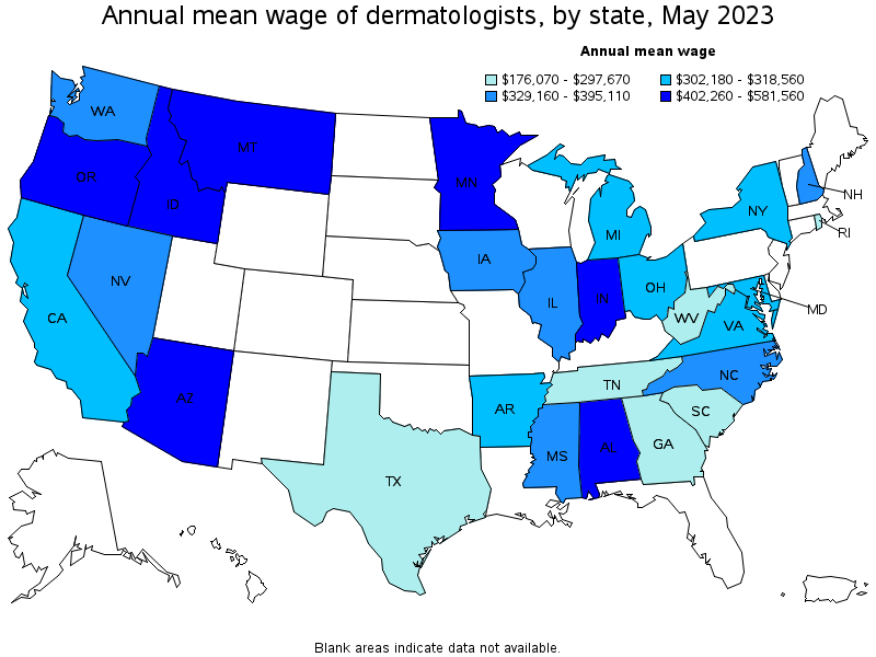 Map of annual mean wages of dermatologists by state, May 2023