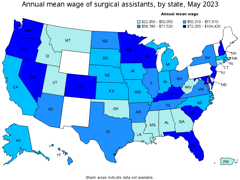 Map of annual mean wages of surgical assistants by state, May 2023