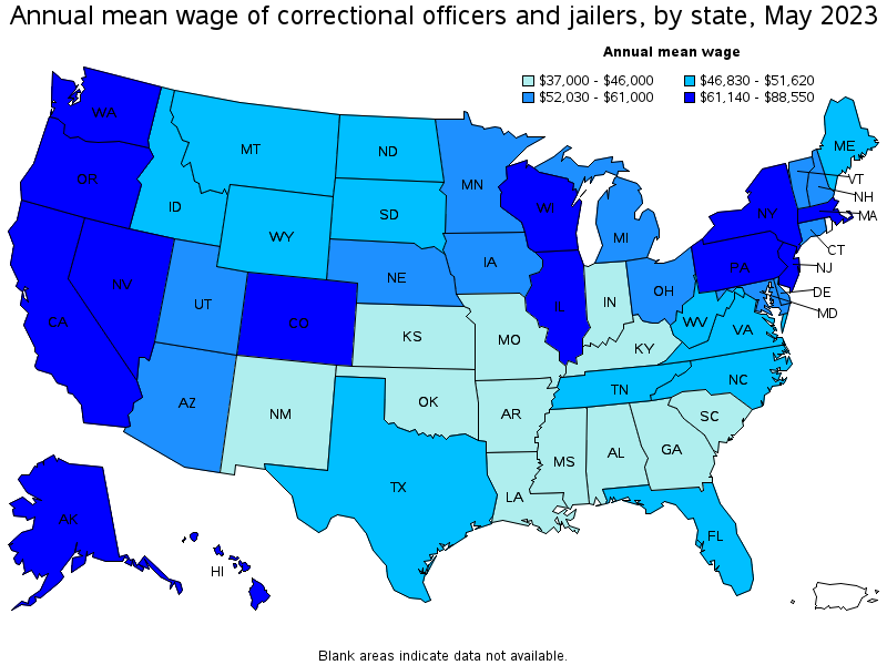 Map of annual mean wages of correctional officers and jailers by state, May 2023