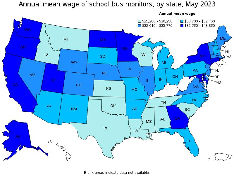 Map of annual mean wages of school bus monitors by state, May 2023