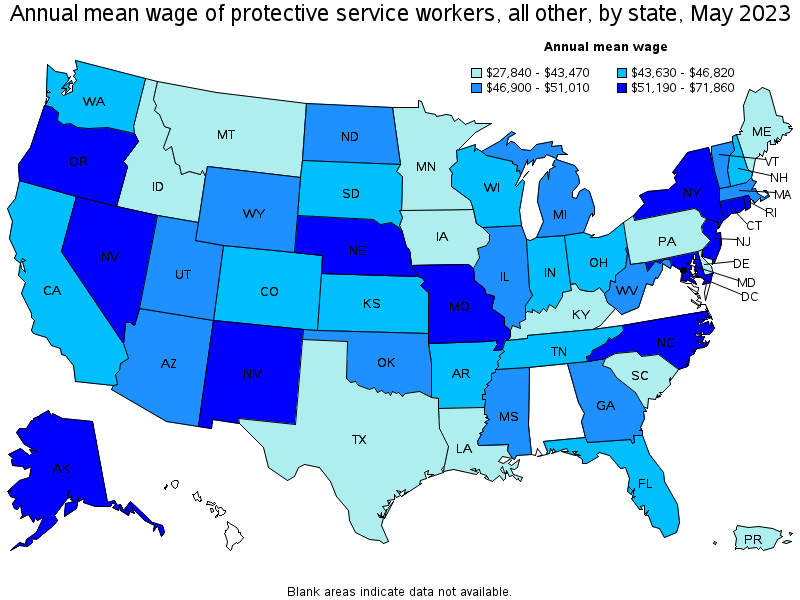 Map of annual mean wages of protective service workers, all other by state, May 2023