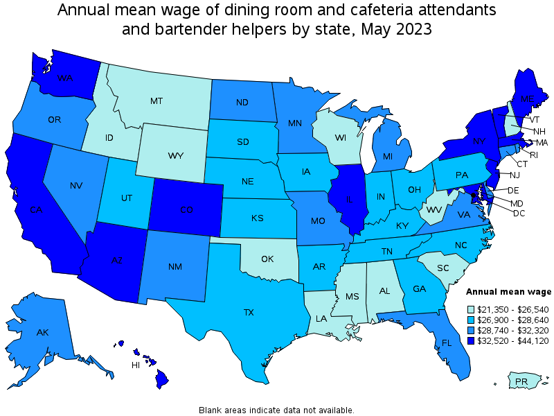 Map of annual mean wages of dining room and cafeteria attendants and bartender helpers by state, May 2023