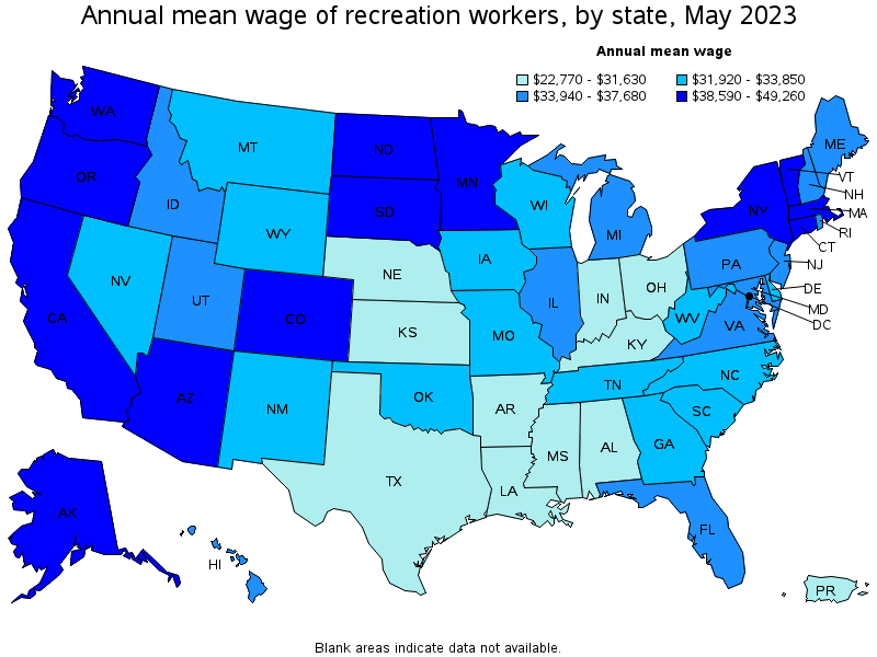 Map of annual mean wages of recreation workers by state, May 2023