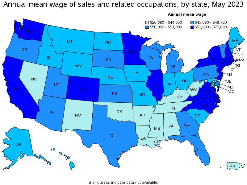 Map of annual mean wages of sales and related occupations by state, May 2023