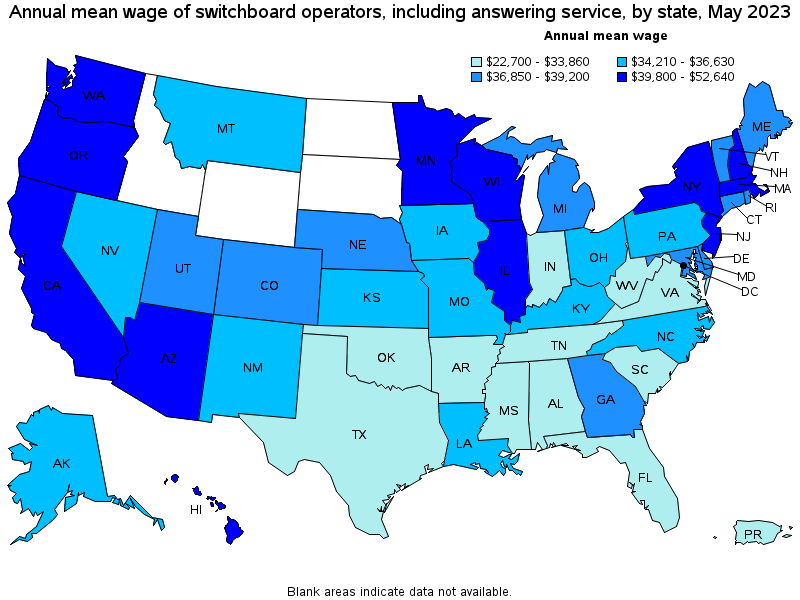 Map of annual mean wages of switchboard operators, including answering service by state, May 2023