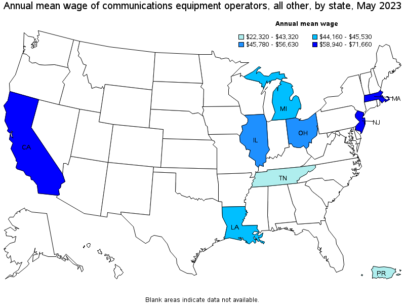 Map of annual mean wages of communications equipment operators, all other by state, May 2023