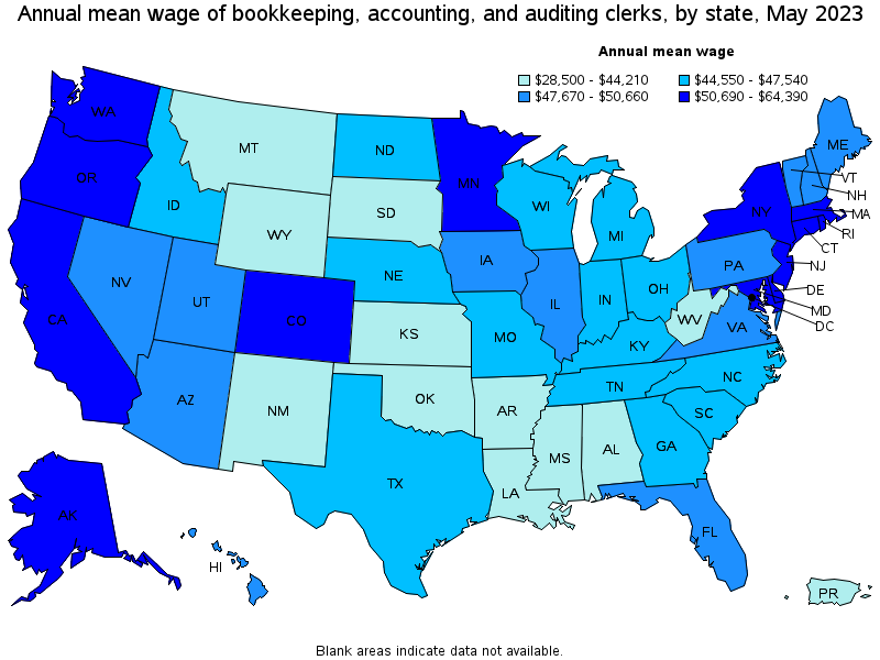 Map of annual mean wages of bookkeeping, accounting, and auditing clerks by state, May 2023
