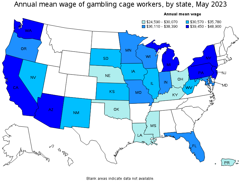 Map of annual mean wages of gambling cage workers by state, May 2023