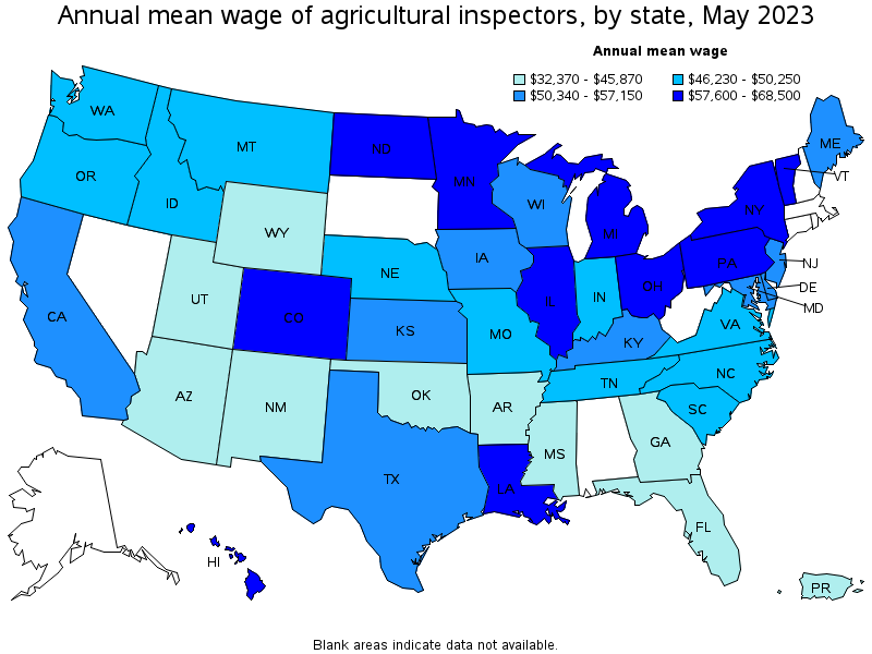 Map of annual mean wages of agricultural inspectors by state, May 2023