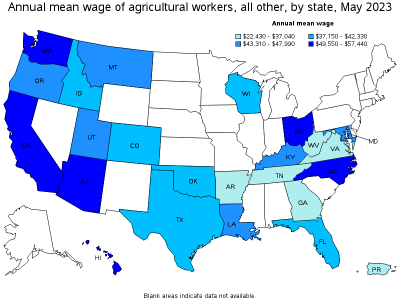 Map of annual mean wages of agricultural workers, all other by state, May 2023