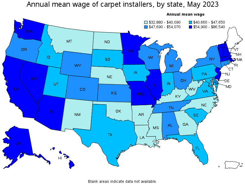 Map of annual mean wages of carpet installers by state, May 2023