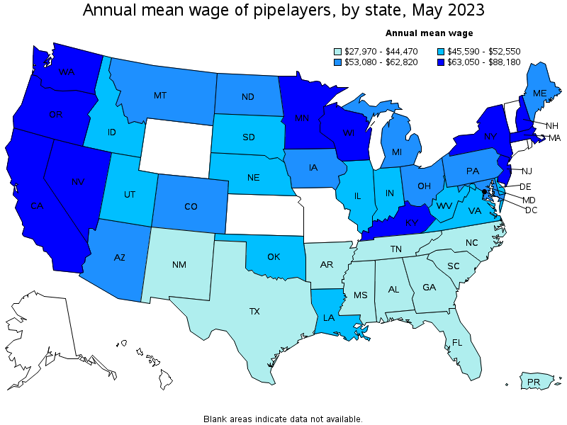 Map of annual mean wages of pipelayers by state, May 2023