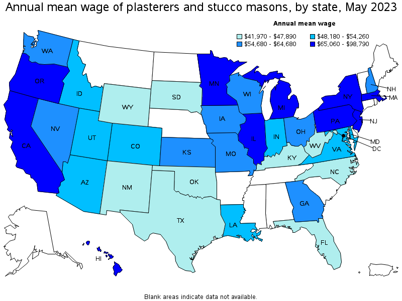 Map of annual mean wages of plasterers and stucco masons by state, May 2023