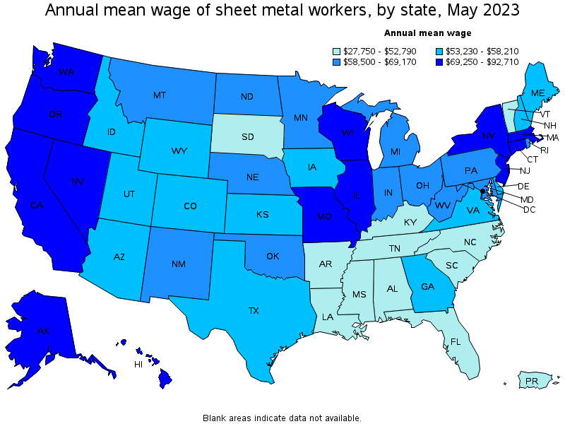 Map of annual mean wages of sheet metal workers by state, May 2023