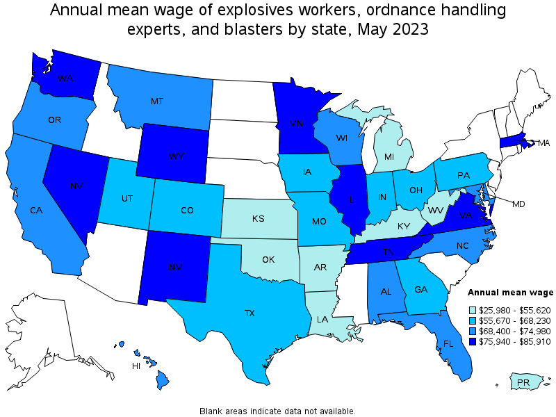 Map of annual mean wages of explosives workers, ordnance handling experts, and blasters by state, May 2023