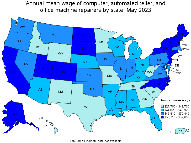Map of annual mean wages of computer, automated teller, and office machine repairers by state, May 2023