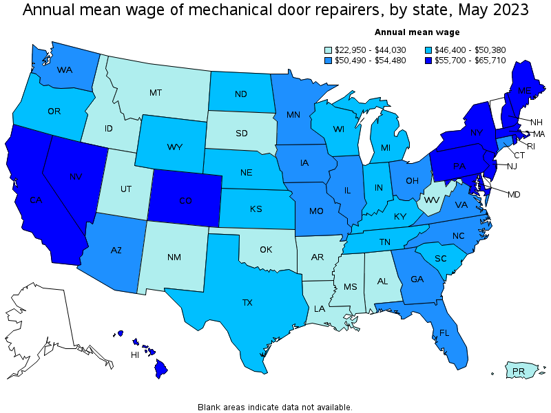 Map of annual mean wages of mechanical door repairers by state, May 2023