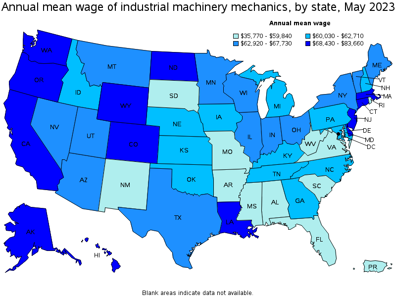 Map of annual mean wages of industrial machinery mechanics by state, May 2023