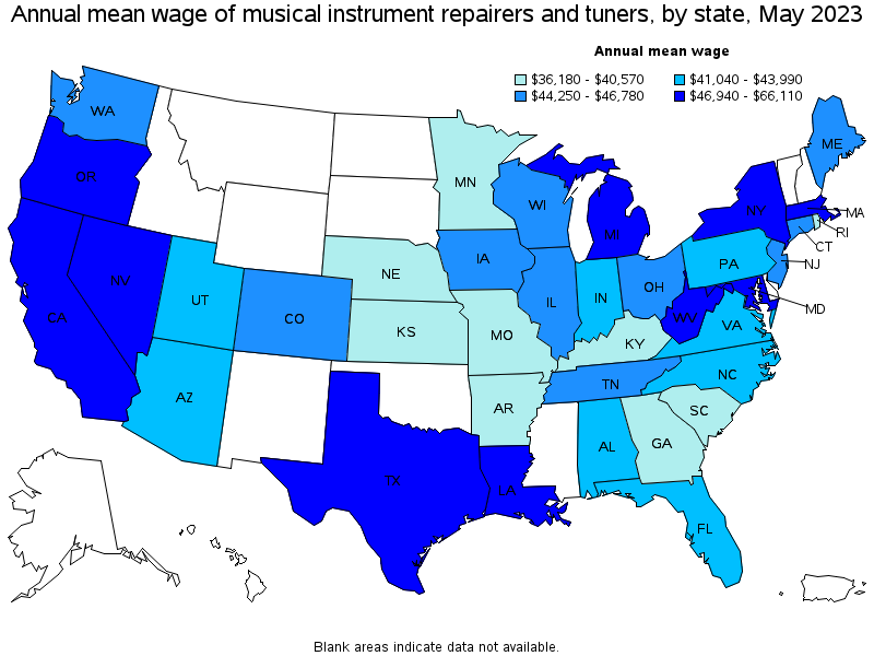 Map of annual mean wages of musical instrument repairers and tuners by state, May 2023