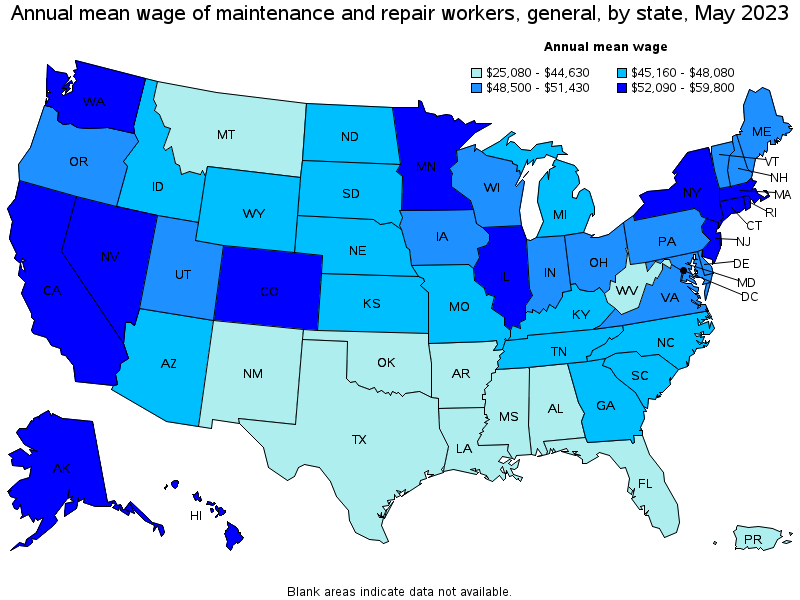 Map of annual mean wages of maintenance and repair workers, general by state, May 2023