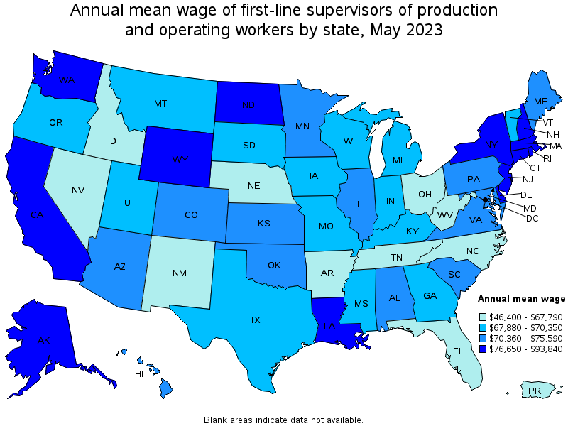 Map of annual mean wages of first-line supervisors of production and operating workers by state, May 2023
